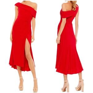 Mac Duggal NWT Asymmetric One Shoulder Ruched Midi Dress Size 0 Red Side Slit